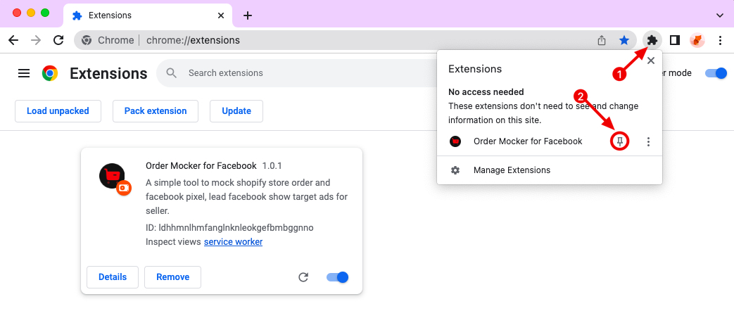 FB Order Mocker chrome extension install pin